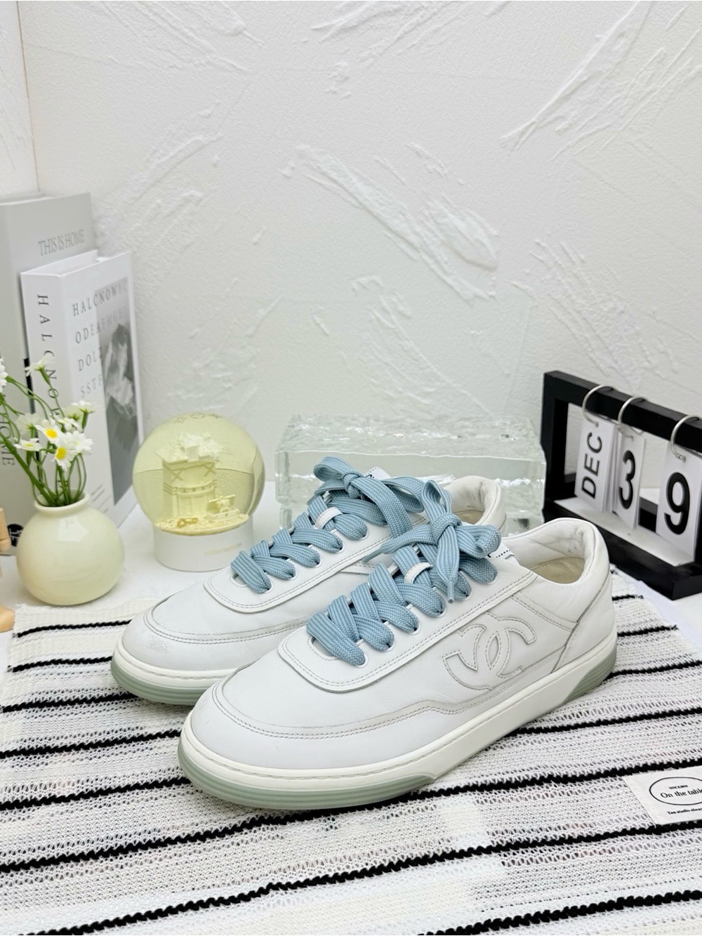 CHANEL White Leather Sneakers with Light Blue Laces